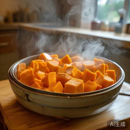 “切块装盘,蒸至软糯”