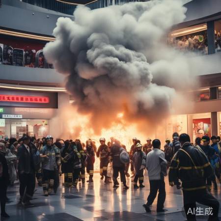 商场冒烟,消防员扑火